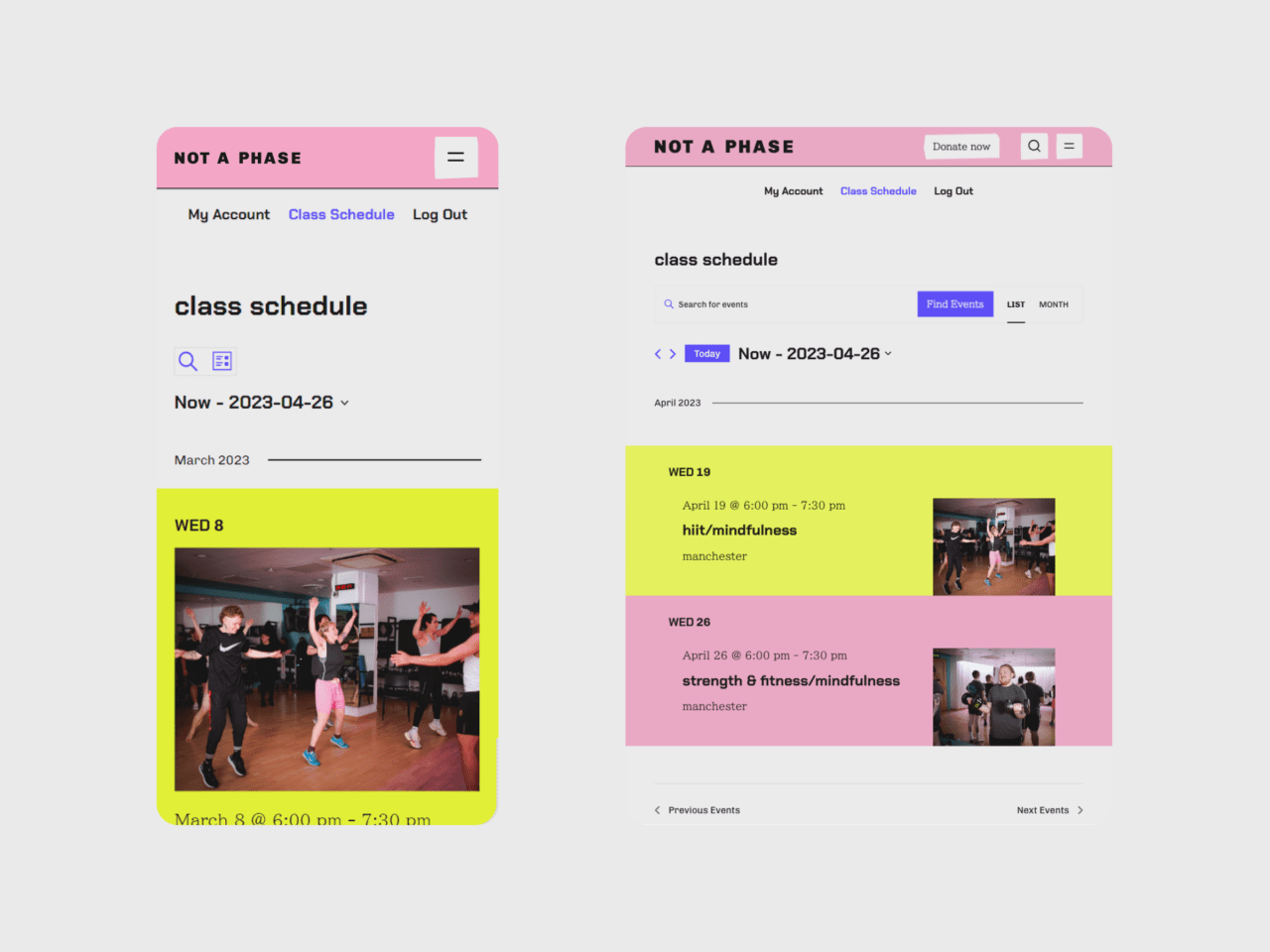 Class schedule page of Not A Phase website on mobile and tablet
