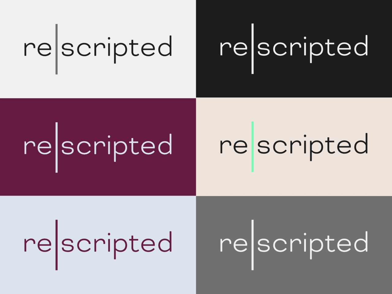 Six rectangles in re|scripted brand colours feature the text 're|scripted' inside