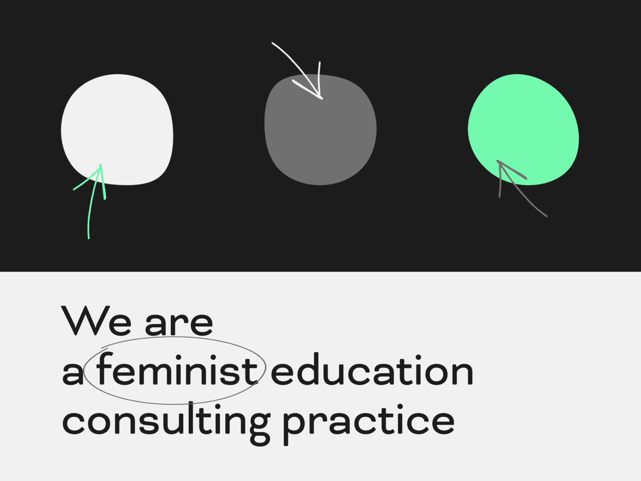 Blob shapes in re|scripted brand colours on a black background above the black text 'we are a feminist education consulting practice'
