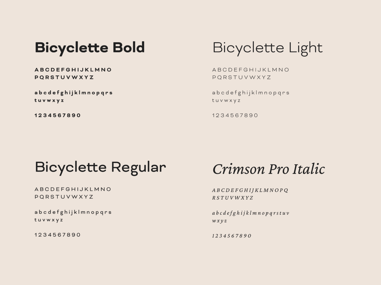 On a pale background is black text featuring Bicyclette Bold, Bicyclette Light, Bicyclette Regular and Crimson Pro Italic fonts
