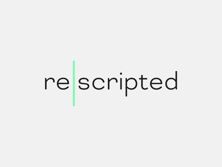 On a pale background is the black text 're|scripted'. There is a green line between 're' and 'scripted'