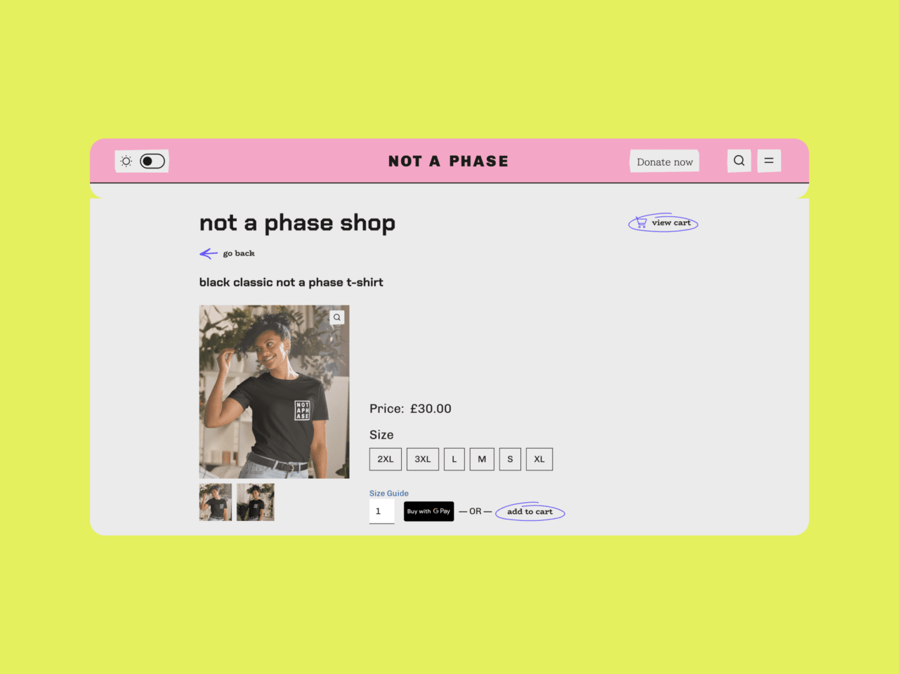 Product page of Not A Phase website on desktop