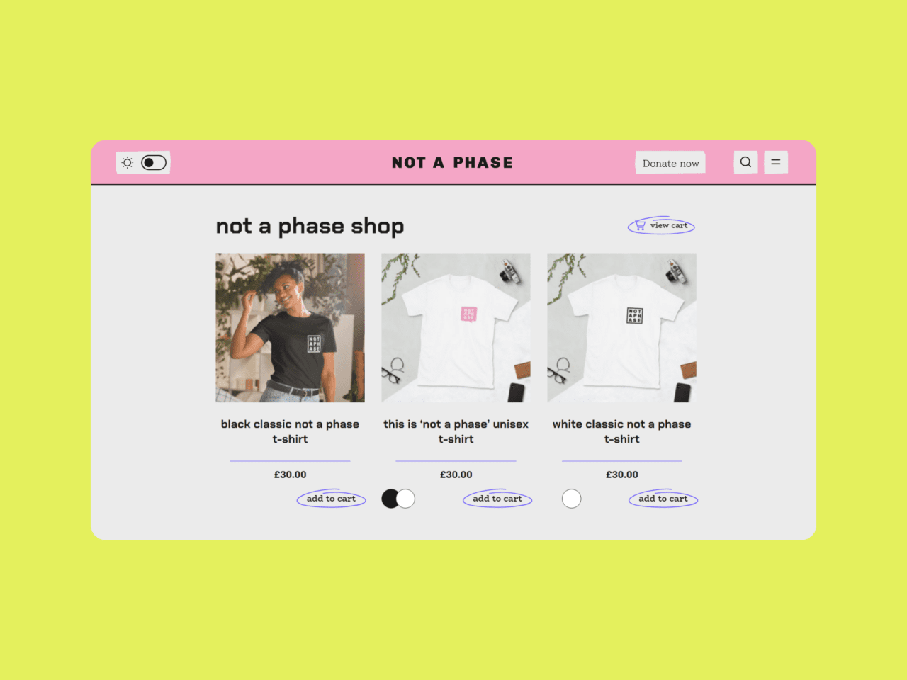 Shop page of Not A Phase website on desktop