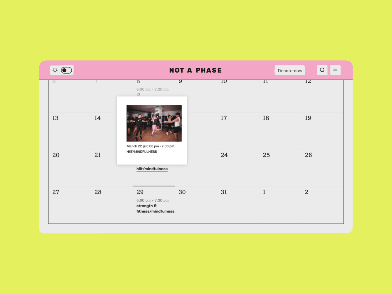 Calendar page of Not A Phase website on desktop