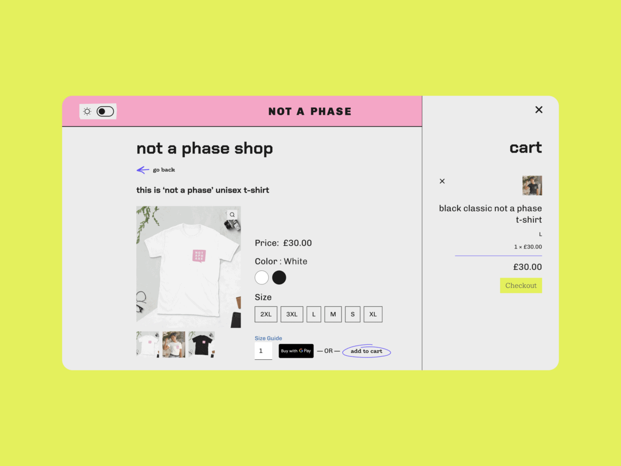 Product page of Not A Phase website on desktop
