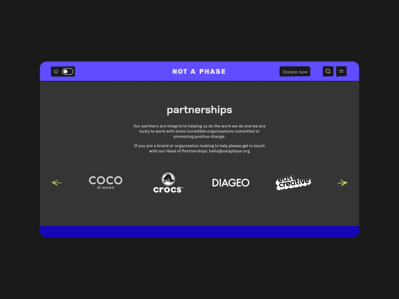 Dark mode partnership page of Not A Phase website on desktop
