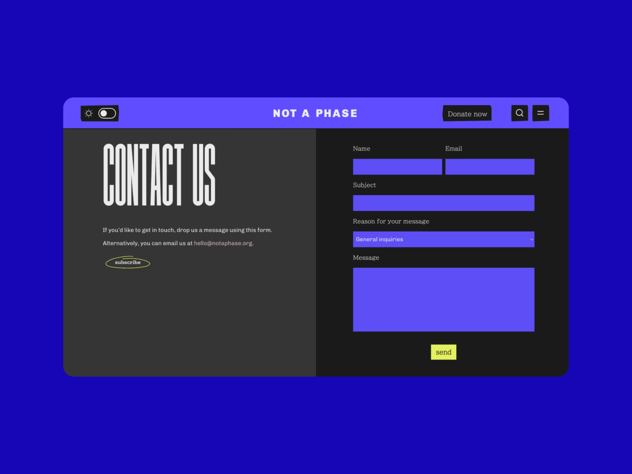 Dark mode contact us page of Not A Phase website on desktop