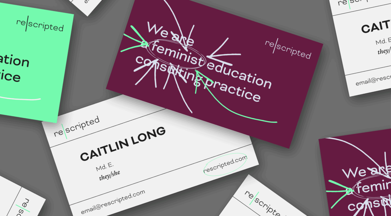 A grey background features a purple postcard with white text 'we are feminist education consulting practice'