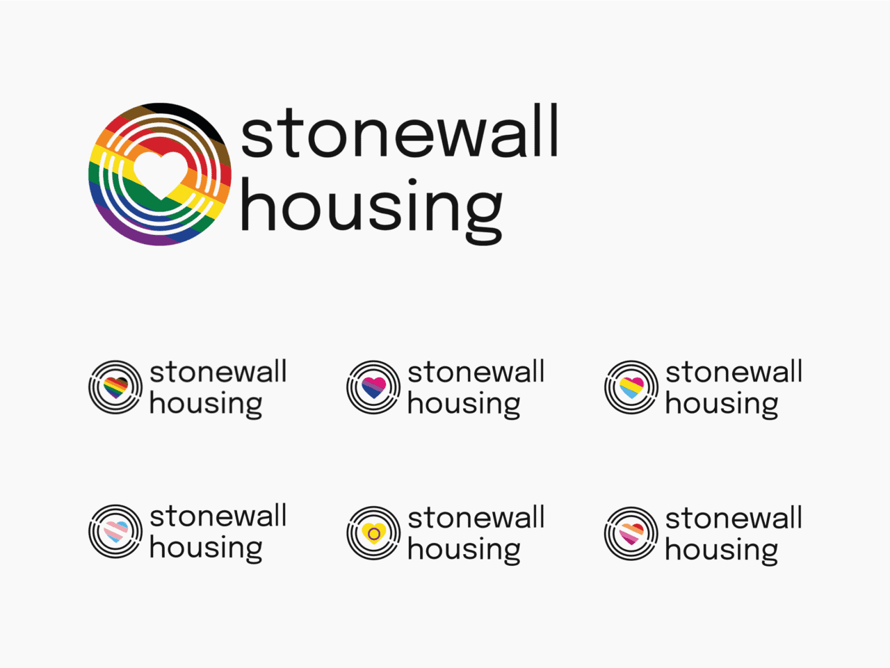 Branding for Stonewall Housing featuring variations of the logo with different pride flag colours