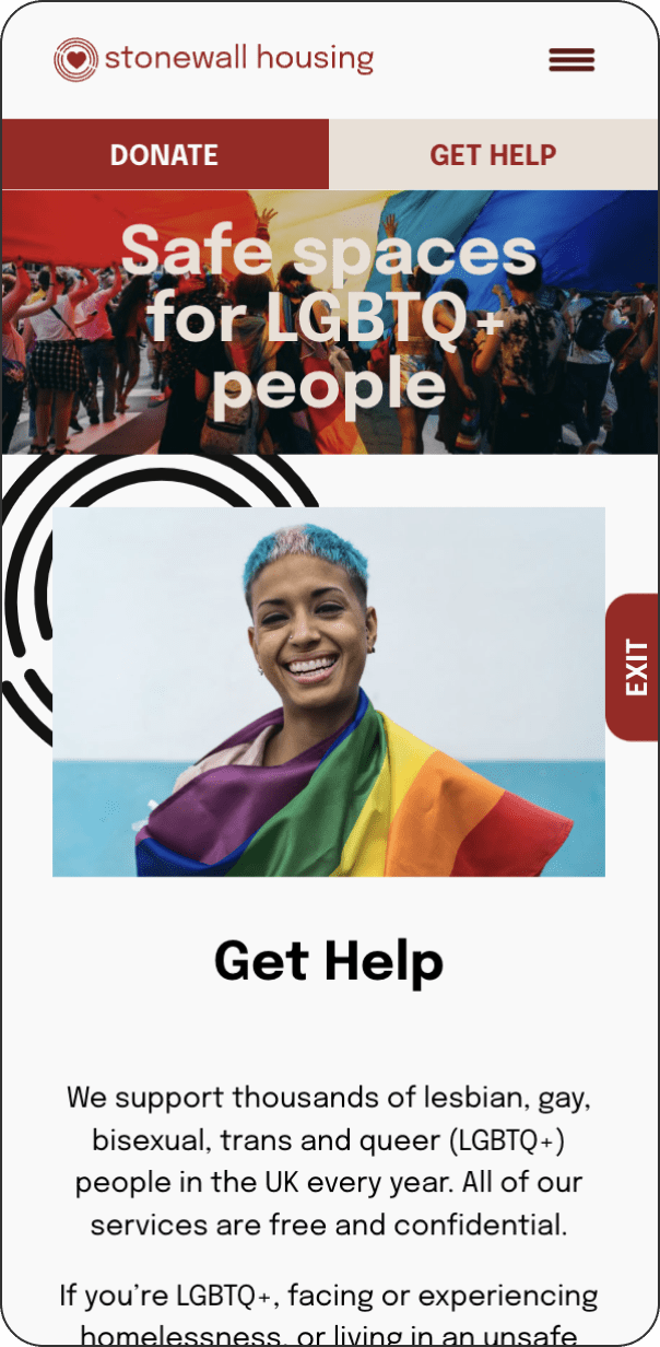 Get Help page of Stonewall Housing website on mobile