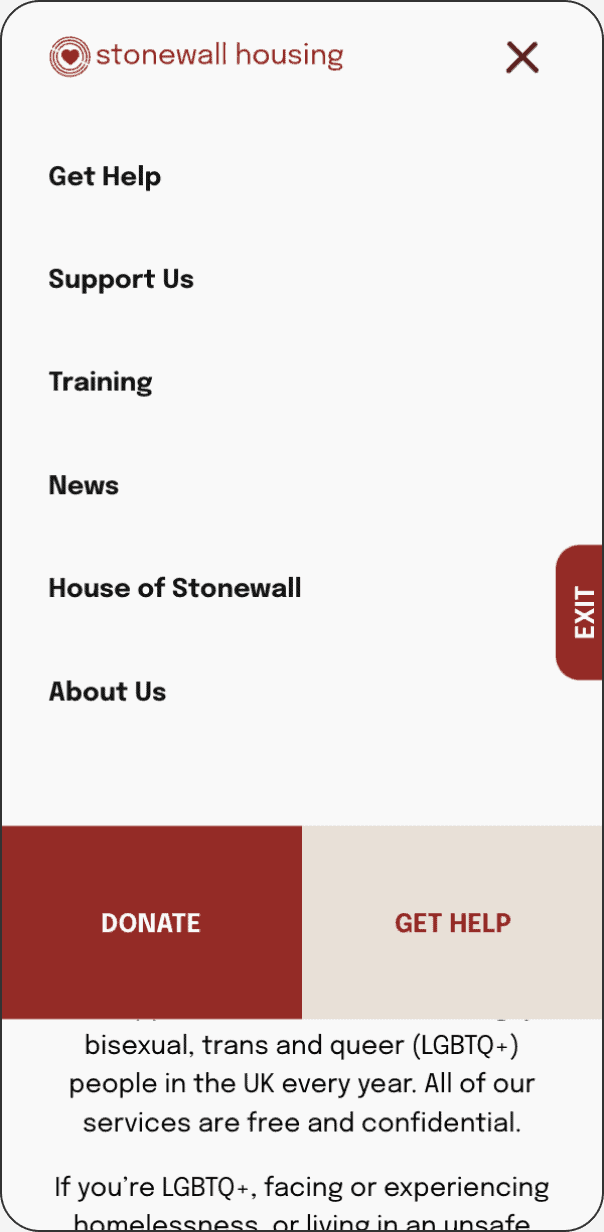 Menu of Stonewall Housing website on mobile