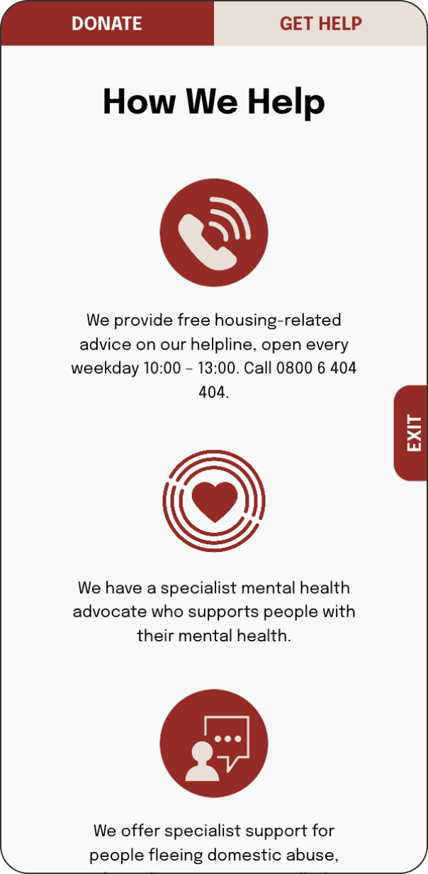 How We Help section of Stonewall Housing website on mobile