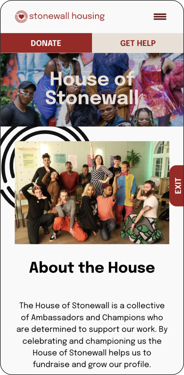 House of Stonewall page of Stonewall Housing website on mobile