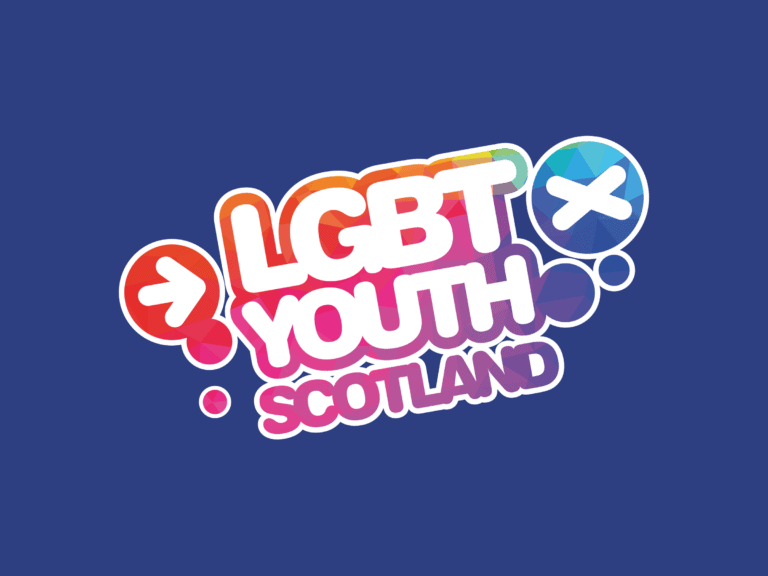 On a blue background multicoloured text outlined in white reads 'LGBT Youth Scotland'