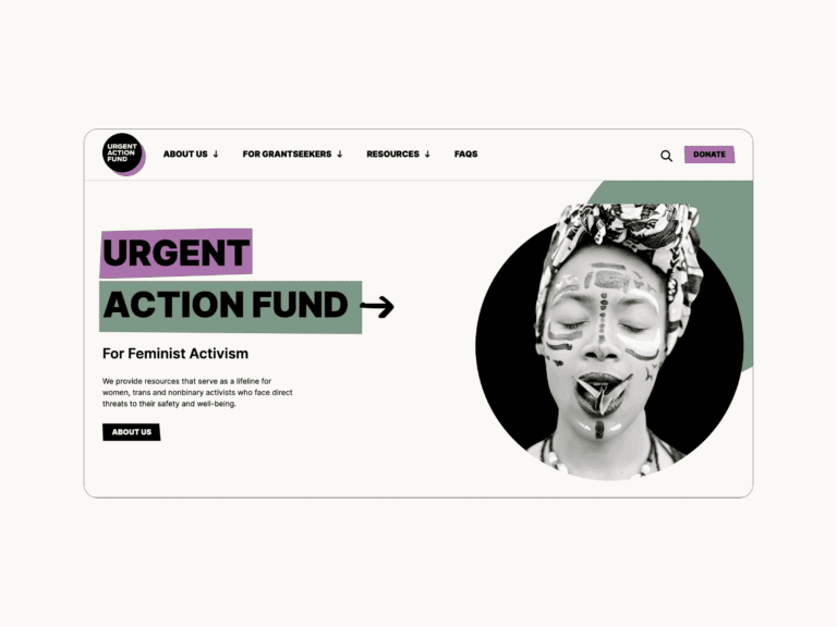 UAF homepage with titles backed by uneven blocks of colour and cut-out images on the left and a black and white image of a woman with traditional tattoos and headdress on the right