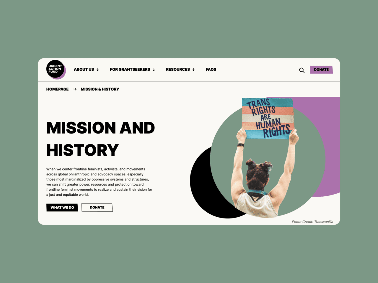 History and mission still from UAF site. Feature a bold sans serif title, buttons and a series of circular visual motifs, with a cut-out image of a person holding a trans flag.