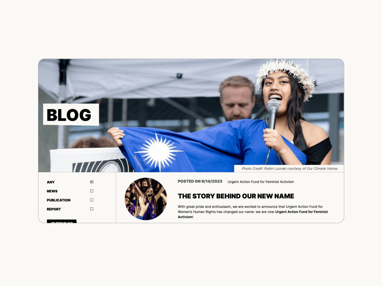 Preview of blog, featuring a full width banner image of a woman with a microphone and sans serif typography on an off-white background.