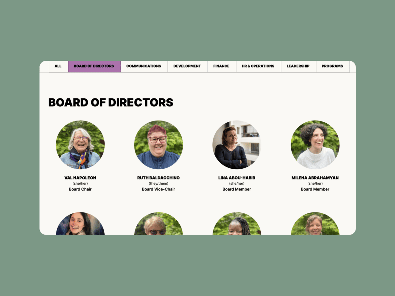 Board of directors web page with circular icons showing headshots of team members and each team members name, title and pronouns.