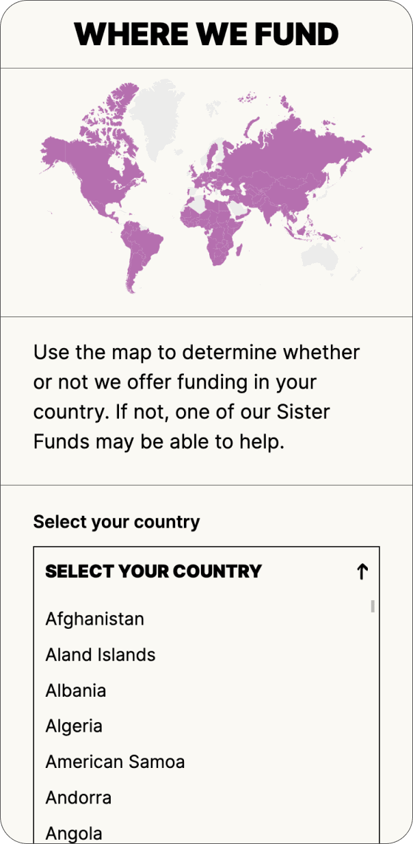 a screengrab of the interactive map we created for UAF, where visitors can filer by country to see if UAF has projects in that country