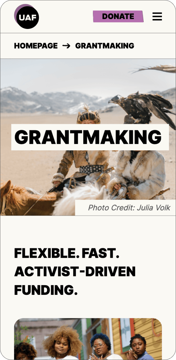 screengrab of Grantmaking page for mobile. At the top of the page is an image of two people on horseback in a desert, overlain with block capital text reading 'Grantmaking.'