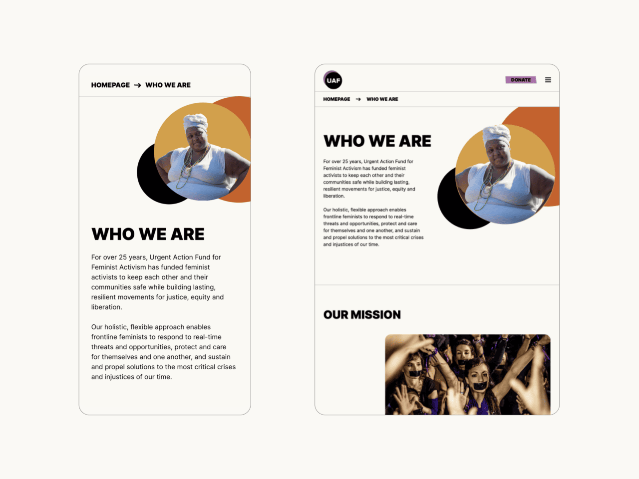examples of the mobile layout for UAF's 'Who We Are' page. The designs differ depending on the mobile screensize, so on larger frames, the image sits beside the title text and on smaller mobile screens, images sit above titles and body copy.