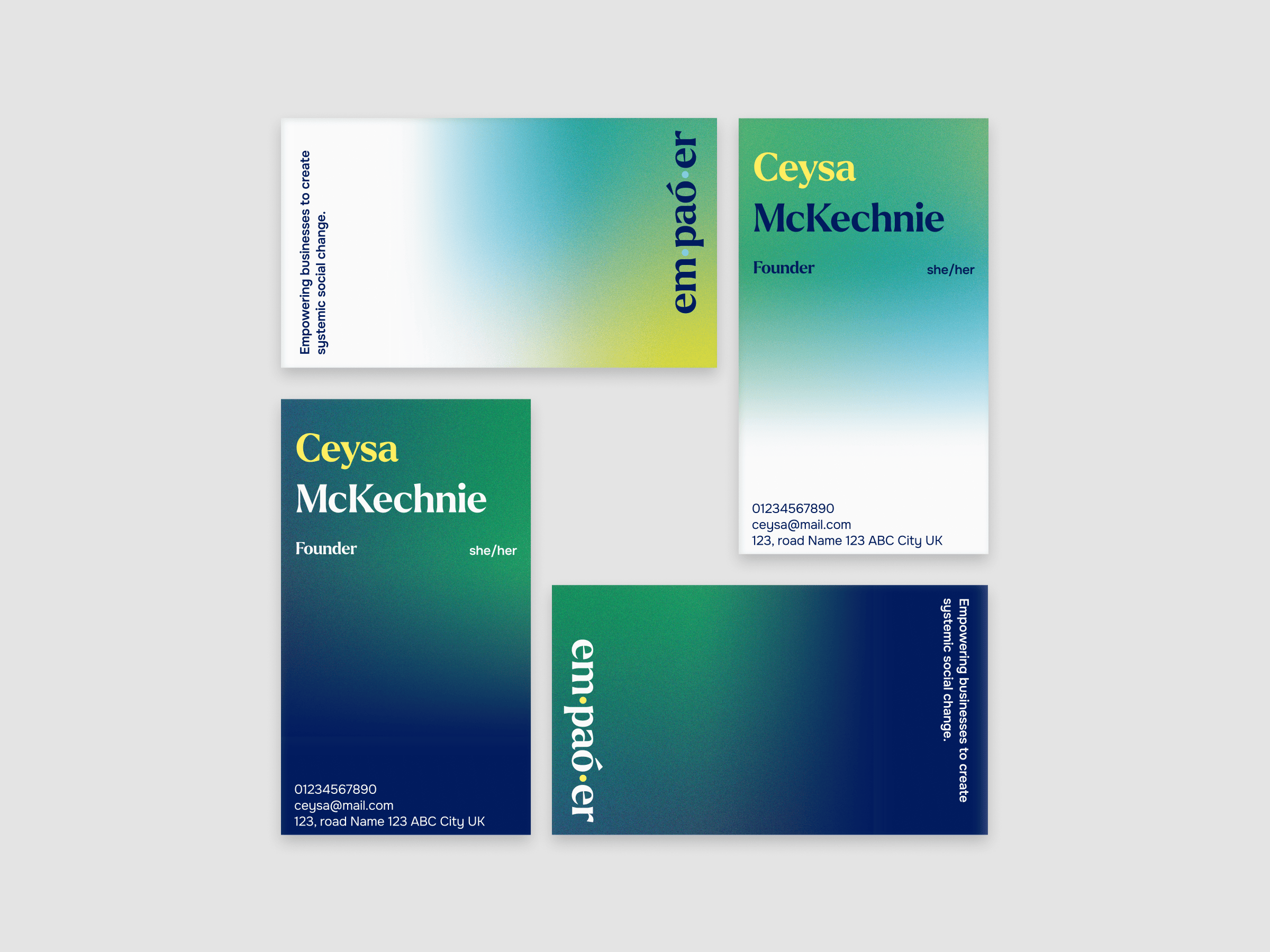 business cards, featuring founders name and typgraphical elements on branded colour background with gradients