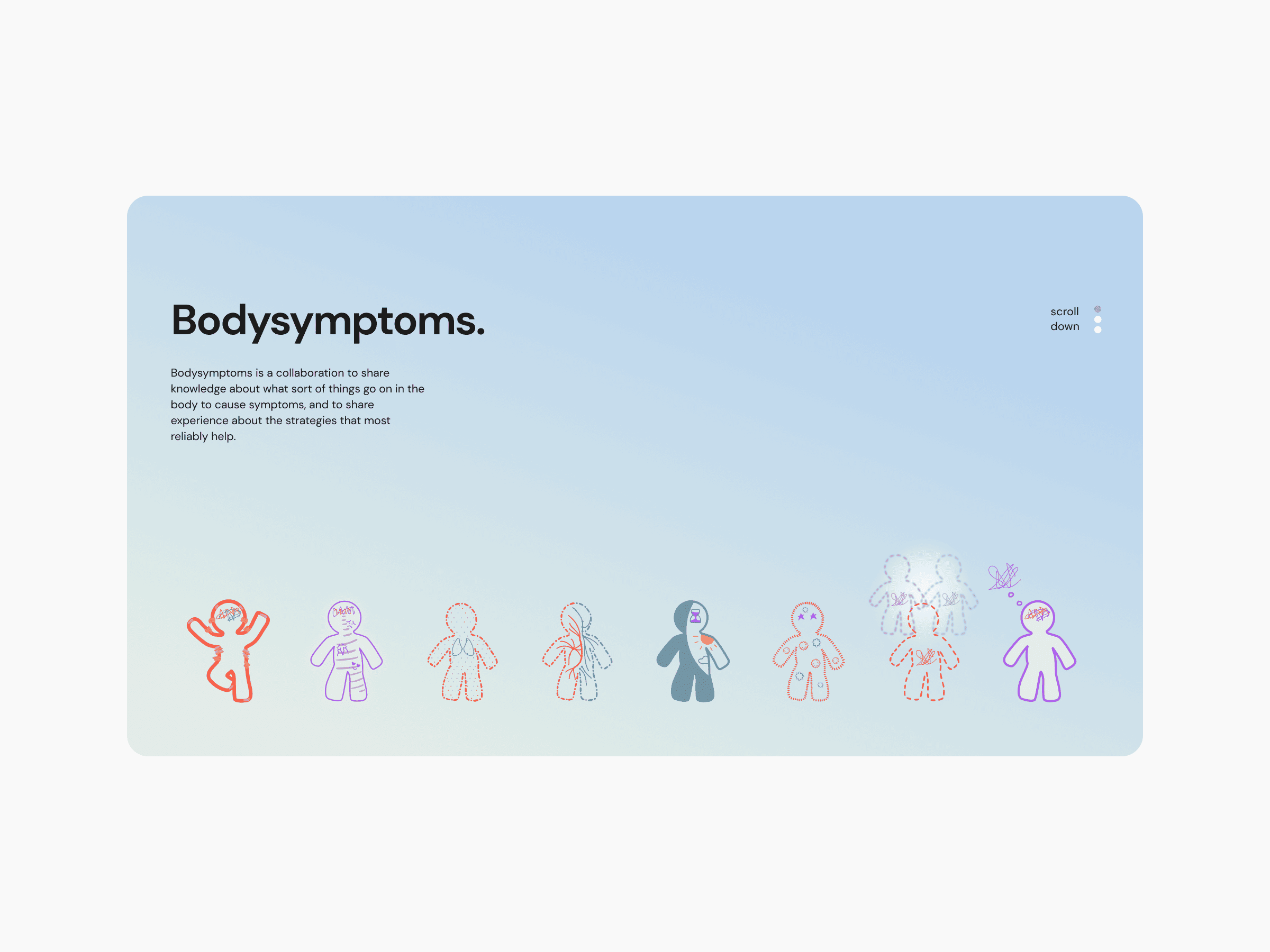 desktop version of site, featuring gingerbread men-like cut out illustrations and a faded blue background