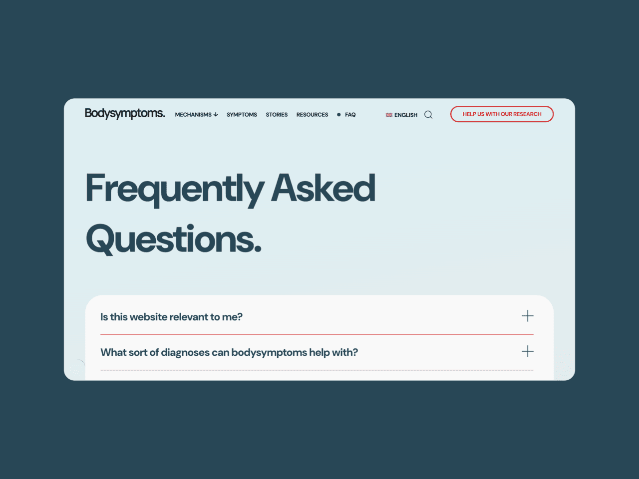 FAQs page, featuring repeated accordion block questions and answers