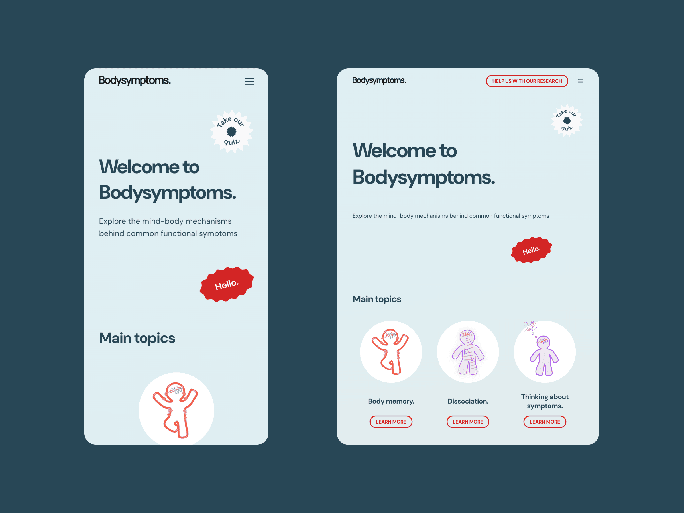 Mobile a table versions of the bodysymptoms homepage, adjusted and stacked for ease of use