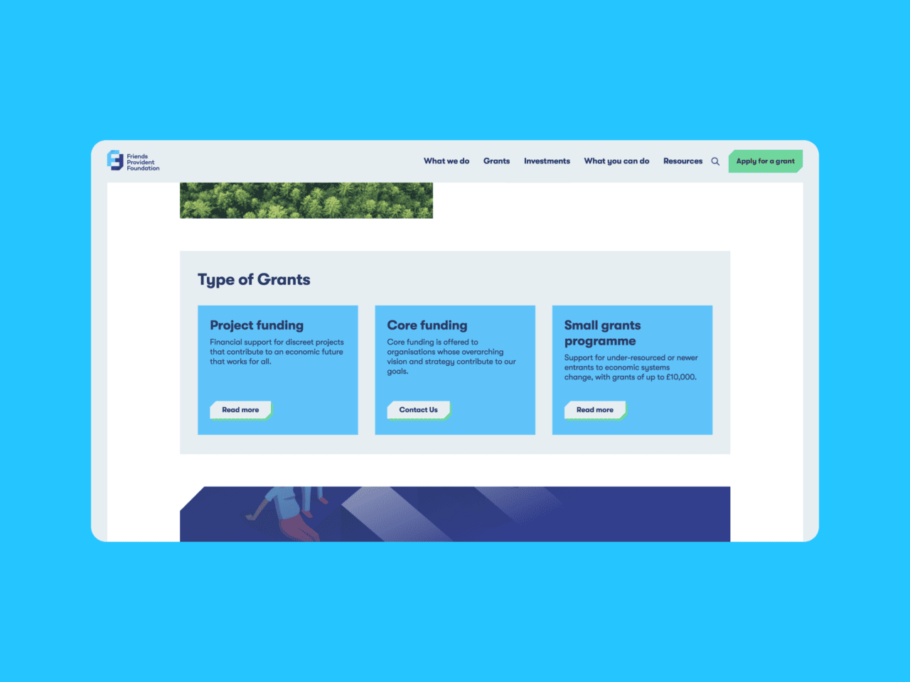 types of grants block, with three sections accompanied by 3 buttons, directing to the 3 types of grants