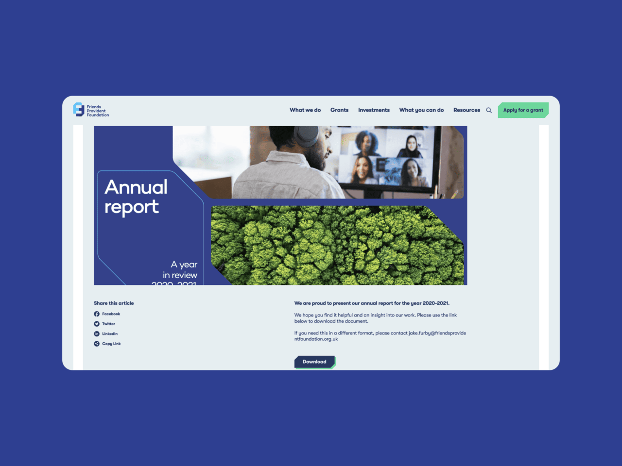 annual report page, featuring full width banner image preview, short descriptive copy and download button