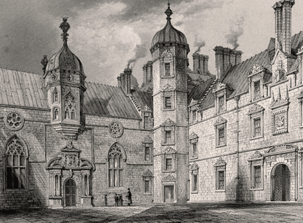 etching of a Heriots Hospital in Edinburgh