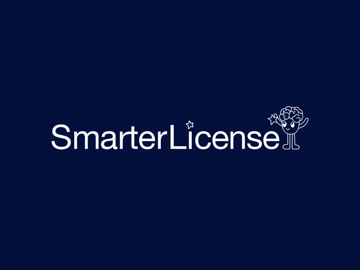 SmarterLicense logo, with a brain on legs as an icon and sans serif title
