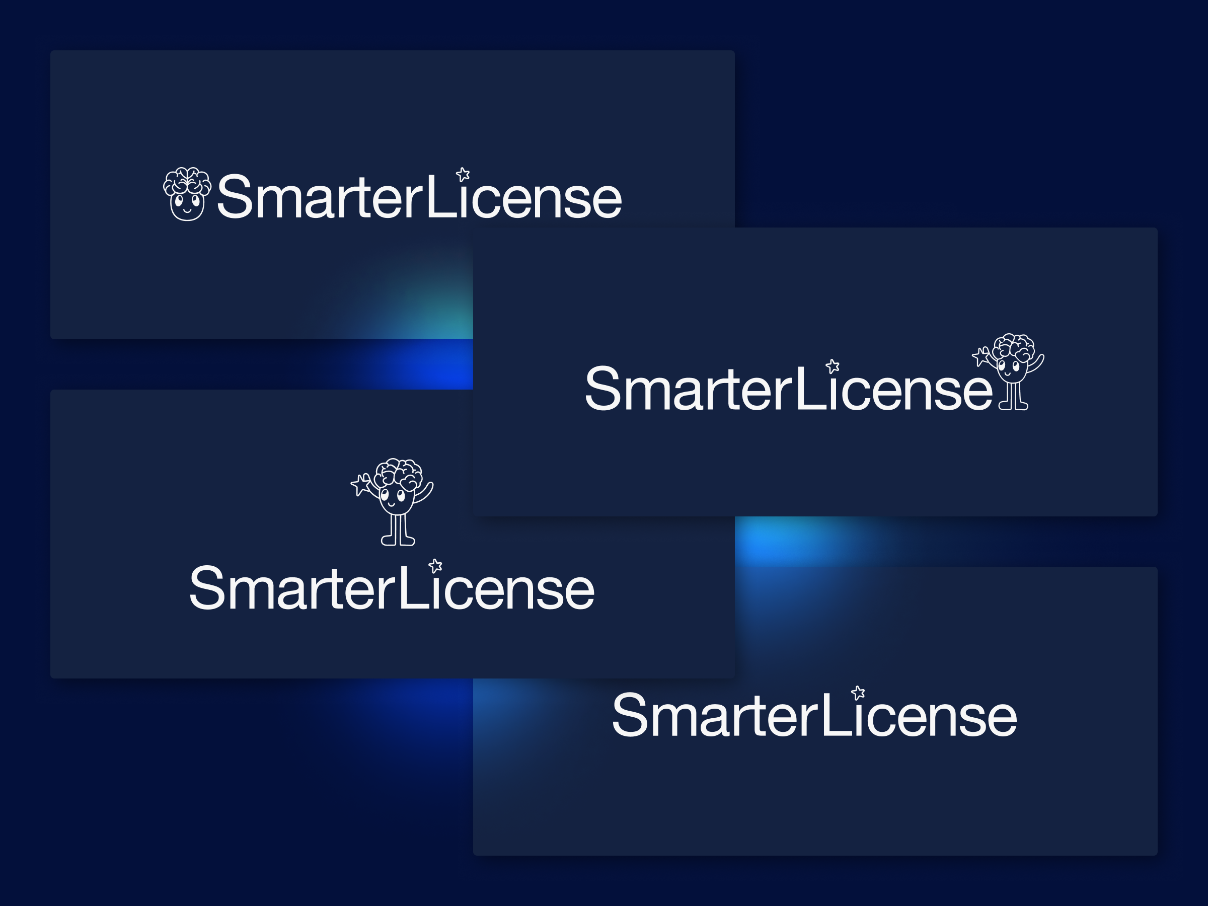 SmarterLicense stack of responsive logos, with the icons appearing in the different positions of the edited Helvetica logotype.