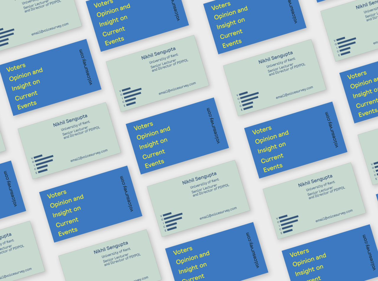 Mock ups of business cards, featuring brand colours, logo and brand fonts