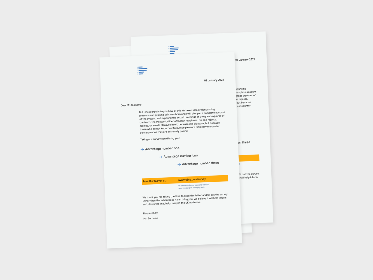 Mock up of VOICE letter to participants - featuring minimal colour, aside from the yellow box with the web link