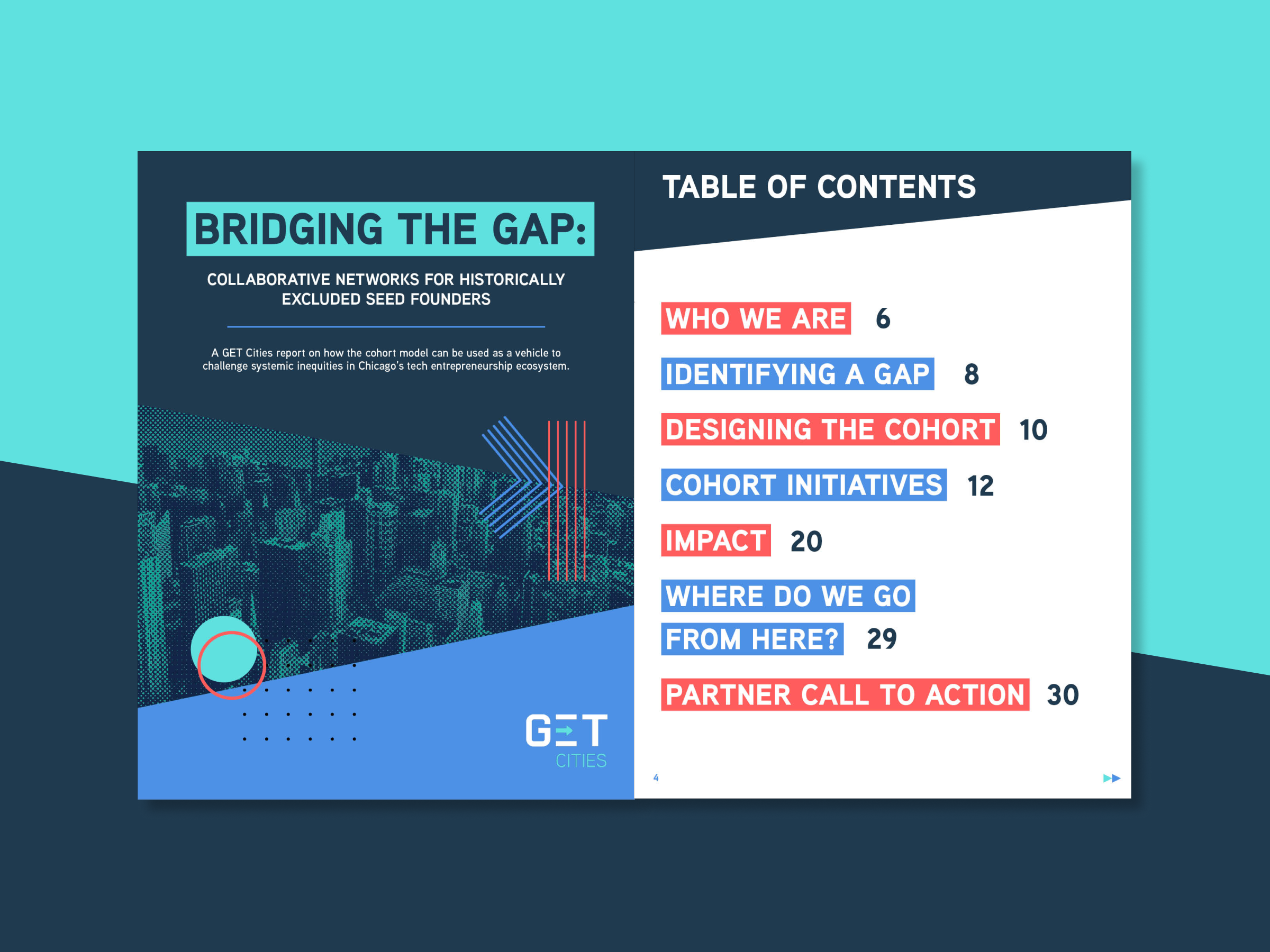 double page spread of report featuring title page with half toned image of a city and the contents in pops of get cities brand palette