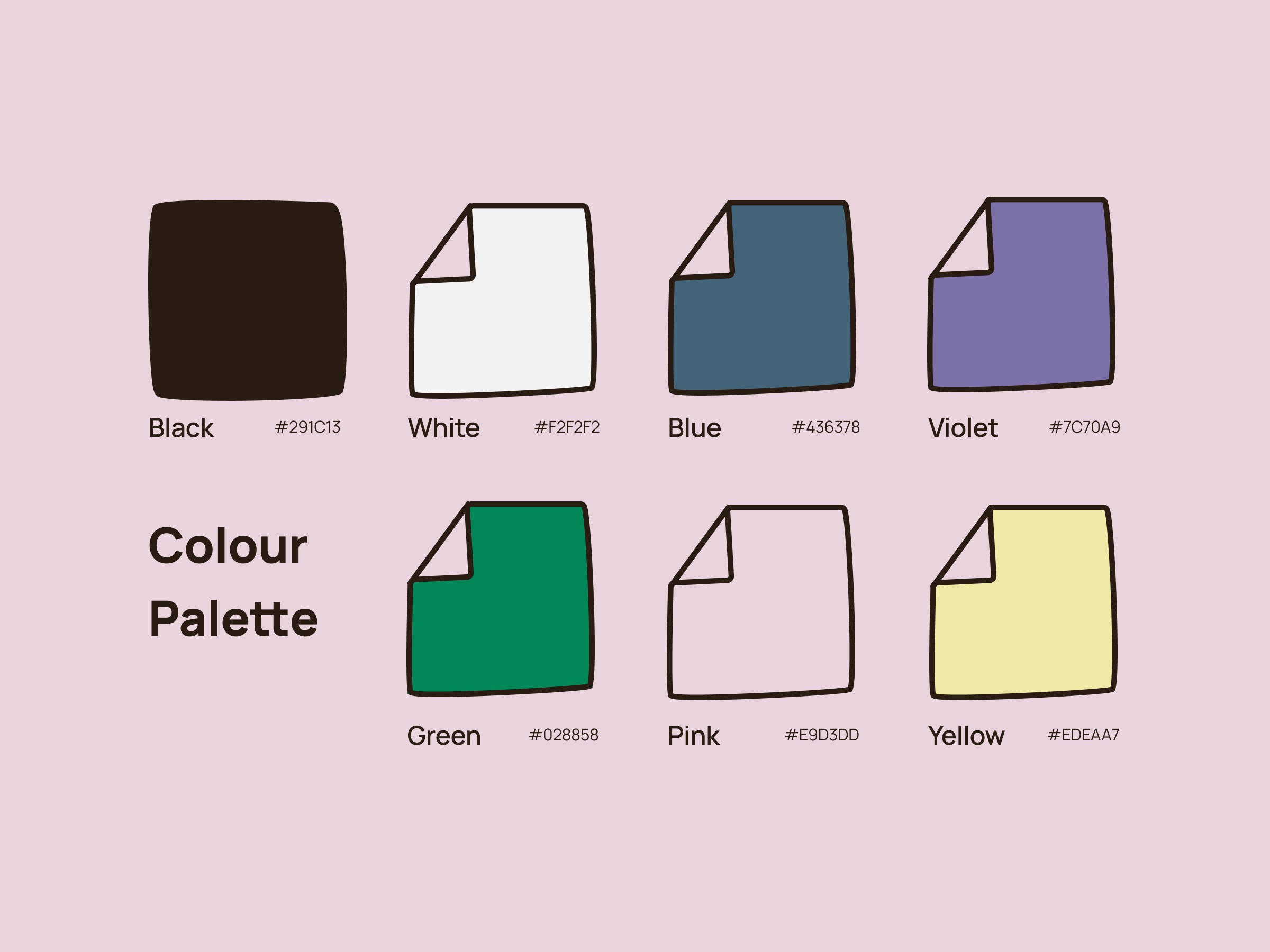 brand colour palette: soft but vibrant pink, violet, green, yellow and green