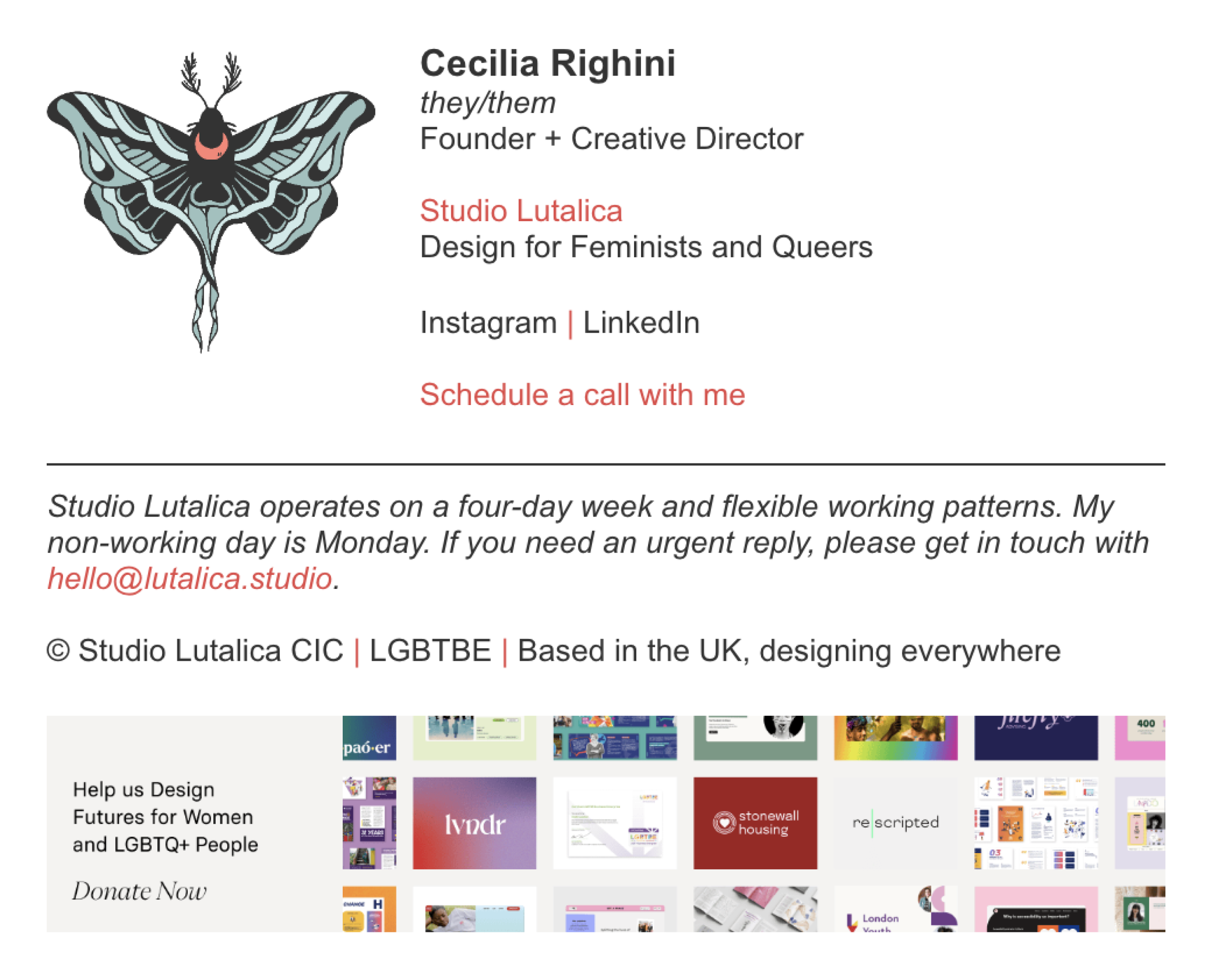 branded Studio Lutalica email signature featuring pronouns and other useful information