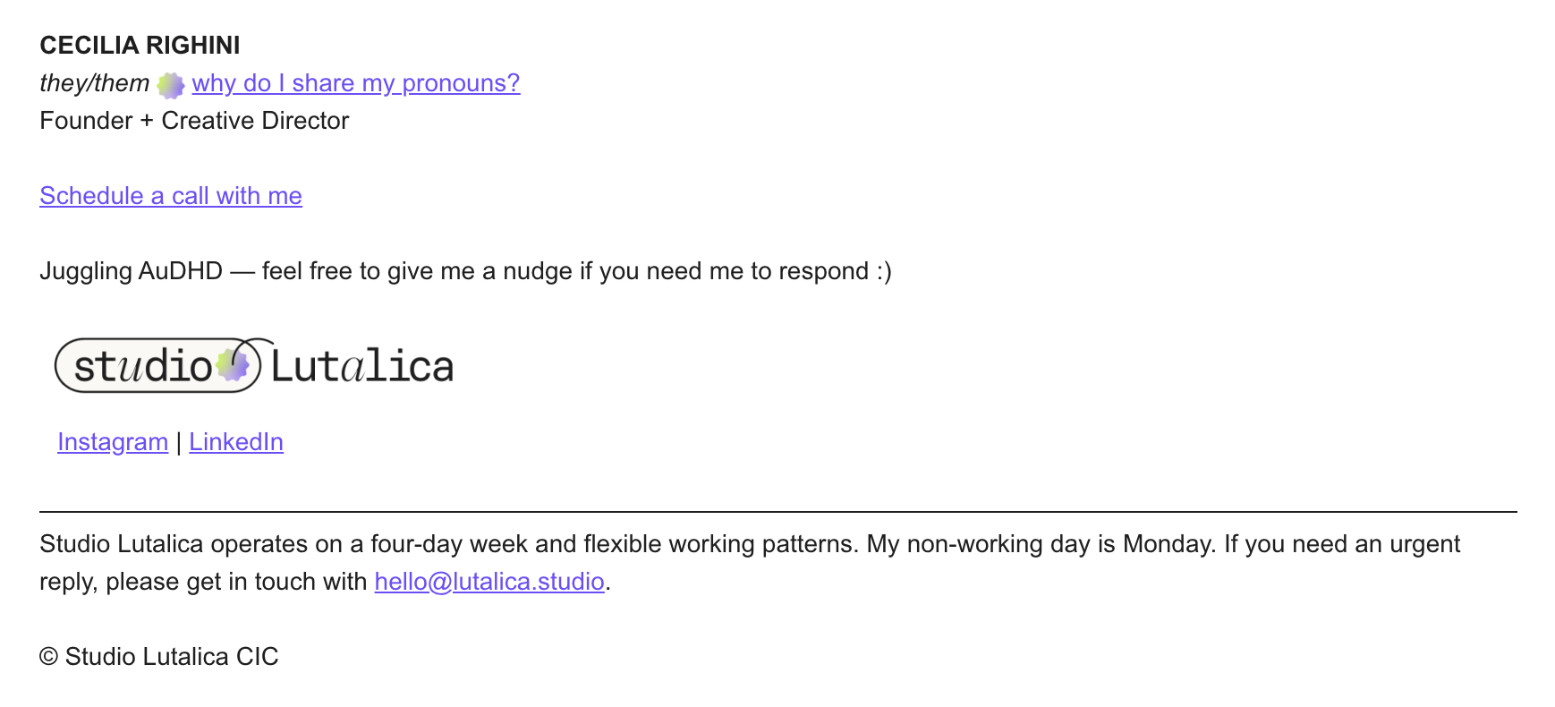 branded Studio Lutalica email signature featuring pronouns and other useful information
