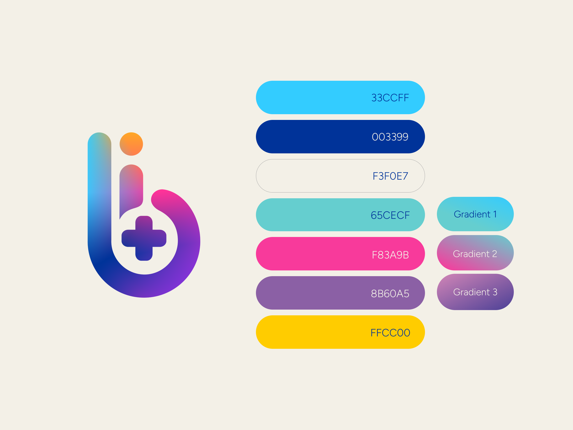 colour palette, displaying blues, purples, a yellow and gradients of these colours, along with bi+ equal's logo