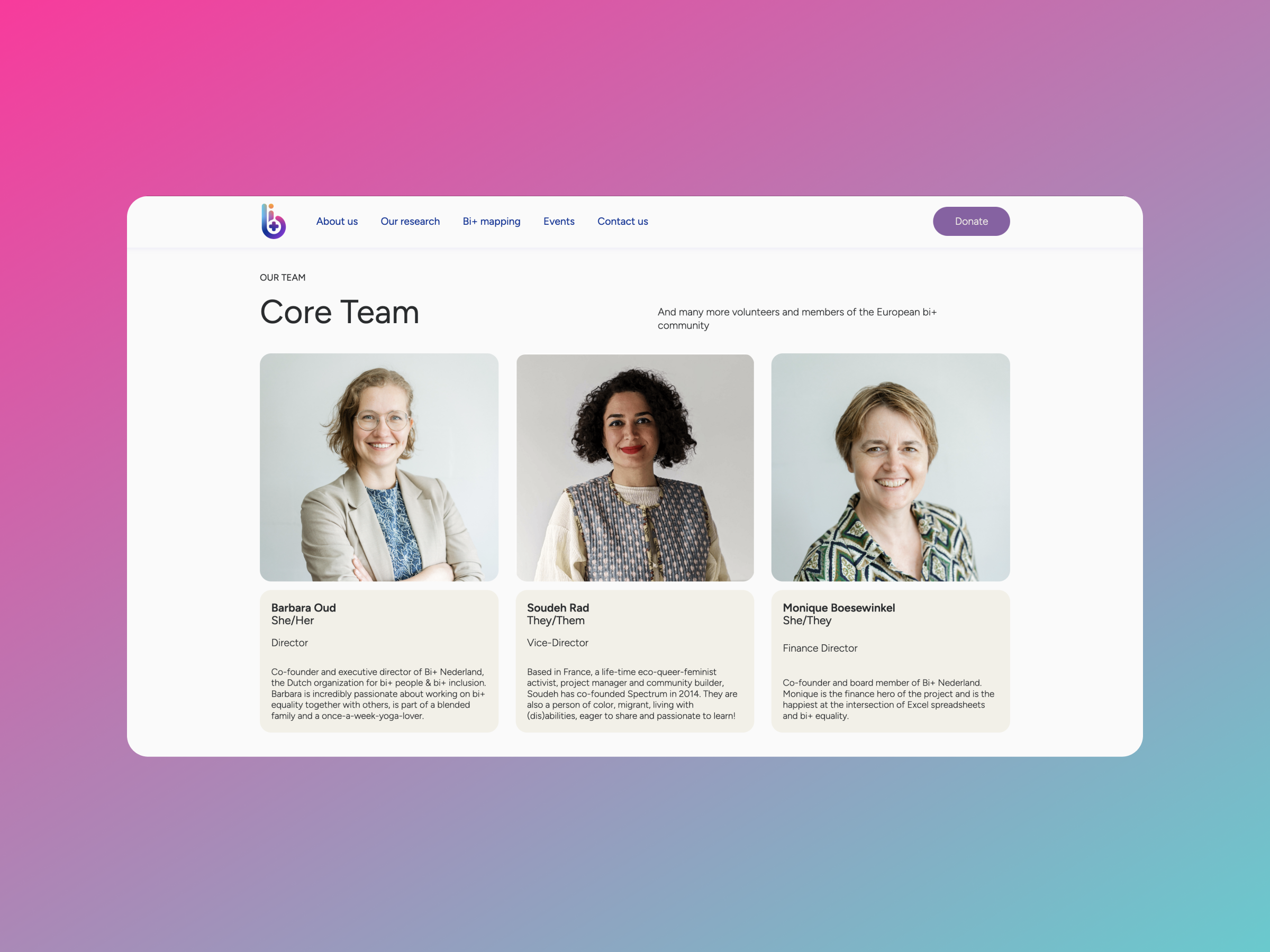 core team page, with photos and bios of Bi+ equal team